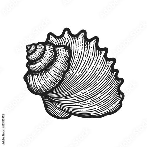 A shell is drawn in black and white. The shell is drawn with a lot of detail, including the spiral pattern on the shell. The shell is drawn in a way that makes it look like it is made of paper