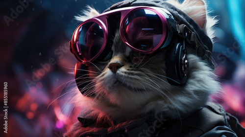 generated illustration of  White cat wearing VR headset, surreal worlds and colorful,
