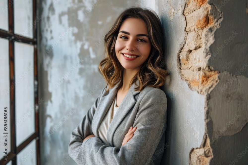 A woman standing against a wall with her arms crossed, looking serious A woman standing against a wall with her arms crossed, looking serious