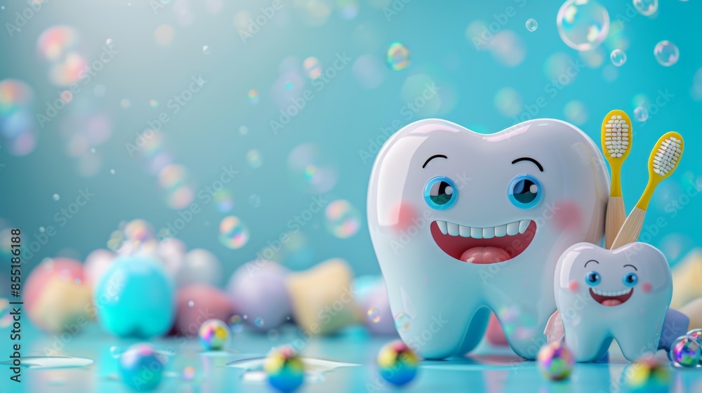 Fototapeta premium Cartoon image of happy tooth characters with toothbrushes in a bubbly, colorful background. scene emphasizes dental hygiene in a fun and engaging way, promoting positive oral health habits for kids.