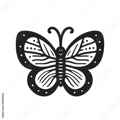 A black and white drawing of a butterfly with a smile on its face. The butterfly is surrounded by dots and has a happy expression