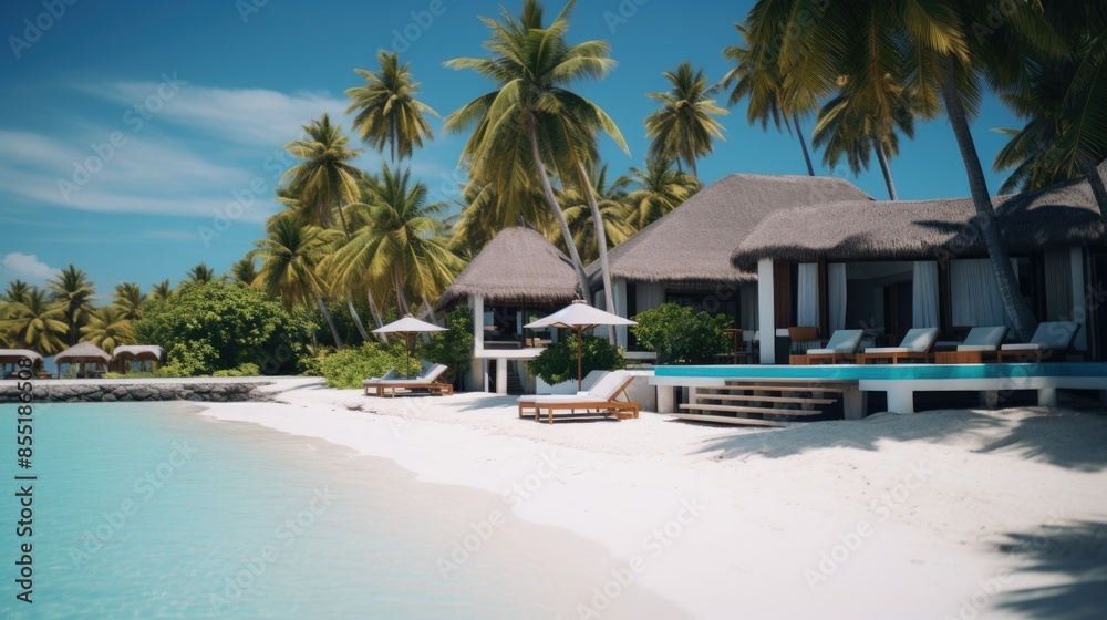 Obraz premium A serene beach scene with comfortable lounge chairs and tall palm trees, perfect for relaxation or vacation inspiration