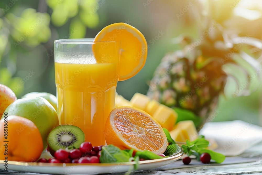 Glass of Orange Juice With Fruit and Pineapple. Generative AI Glass of Orange Juice With Fruit and Pineapple. Generative AI