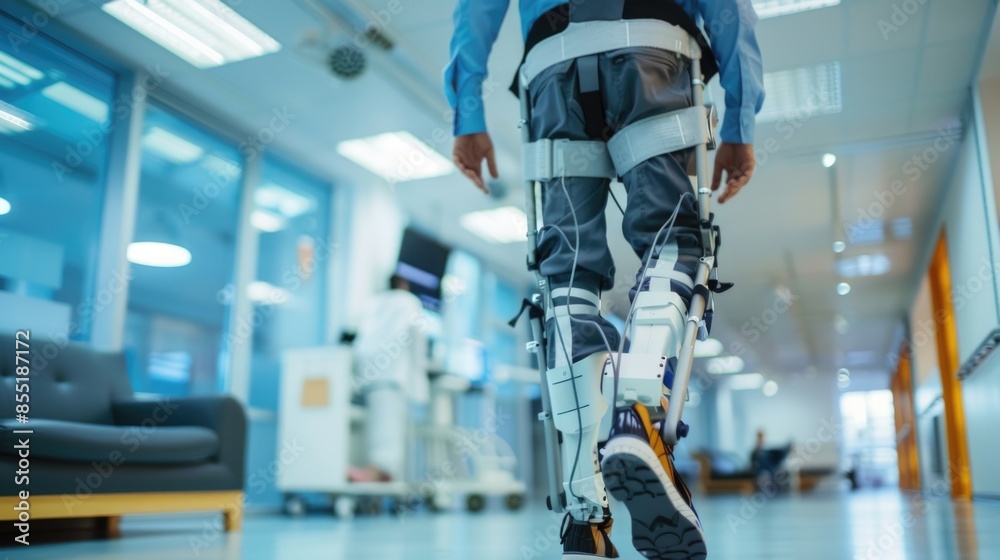 A man walks through a hospital corridor with a cast on his leg, ready to begin recovery A man walks through a hospital corridor with a cast on his leg, ready to begin recovery