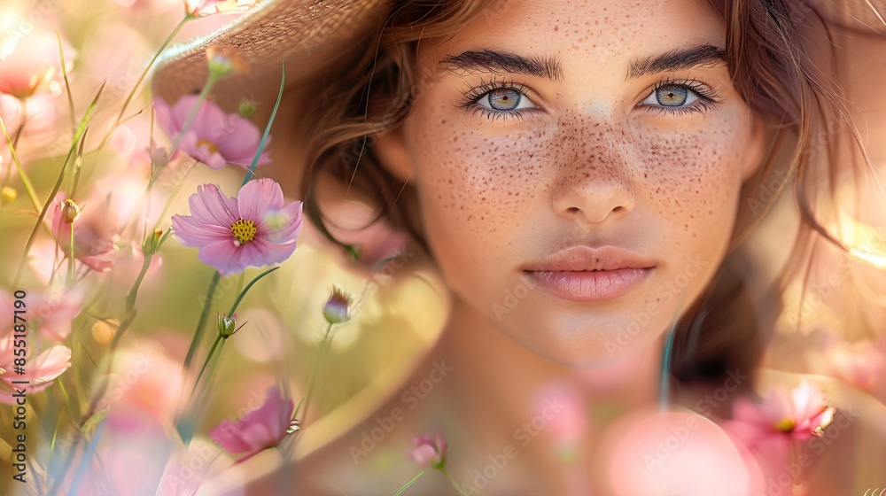 young and beautiful woman surrounded by flowers young and beautiful woman surrounded by flowers