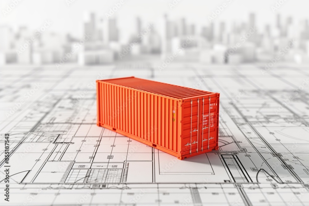 Small-scale model of an orange cargo container placed over detailed ...