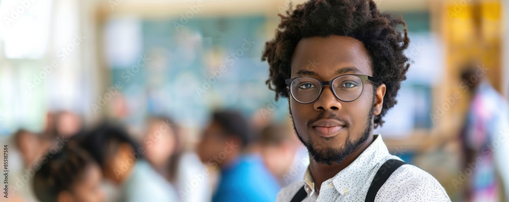 Afro men teacher portrait in clasroom, school concept banner. Generative AI. Afro men teacher portrait in clasroom, school concept banner. Generative AI.