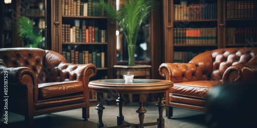 Two leather chairs and a wooden table in a quiet library setting photo