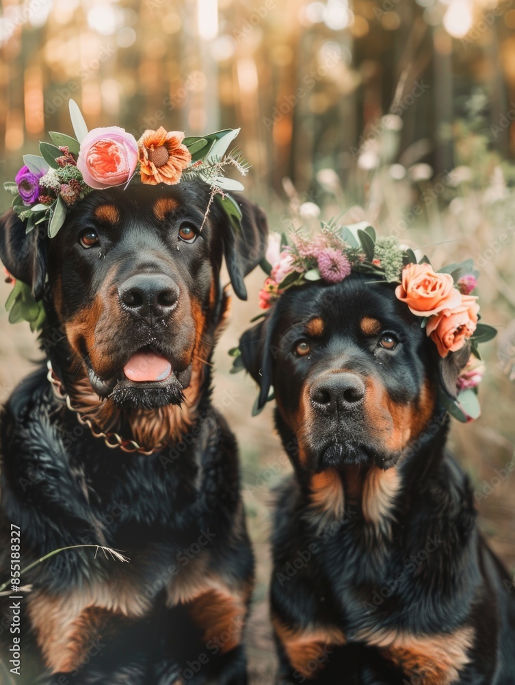 Two happy dogs wearing flower crowns on their heads, perfect for a pet photography or advertising