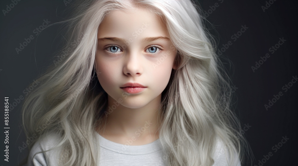 Portrait of a chic cute beautiful child girl blond with long white hair and perfect skin, gray background, banner. Portrait of a chic cute beautiful child girl blond with long white hair and perfect skin, gray background, banner.