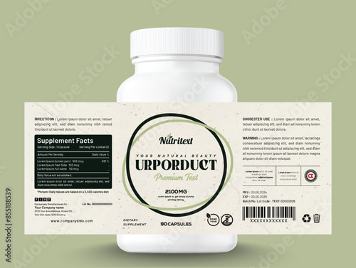Food supplement vitamin herbal label sticker design dietary organic capsule modern bottle jar box packaging.