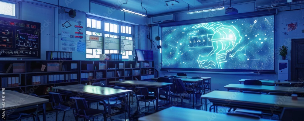 Fototapeta premium Modern school classroom with augmented reality, school concept banner. Generative AI.