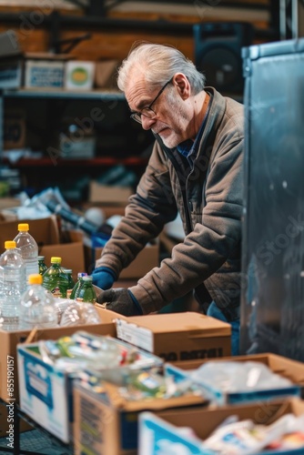 A person sorts bottled water on shelves in a warehouse