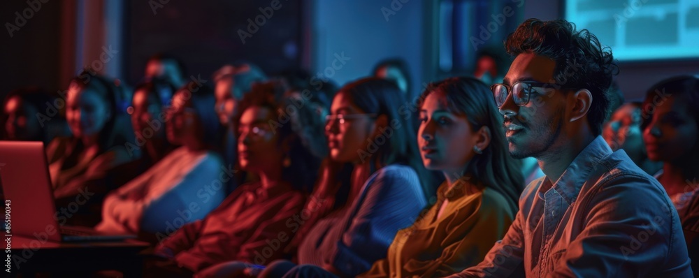 Teacher is giving a data presentation in a dark auditorium with projecting slideshow, banner. Generative AI. Teacher is giving a data presentation in a dark auditorium with projecting slideshow, banner. Generative AI.