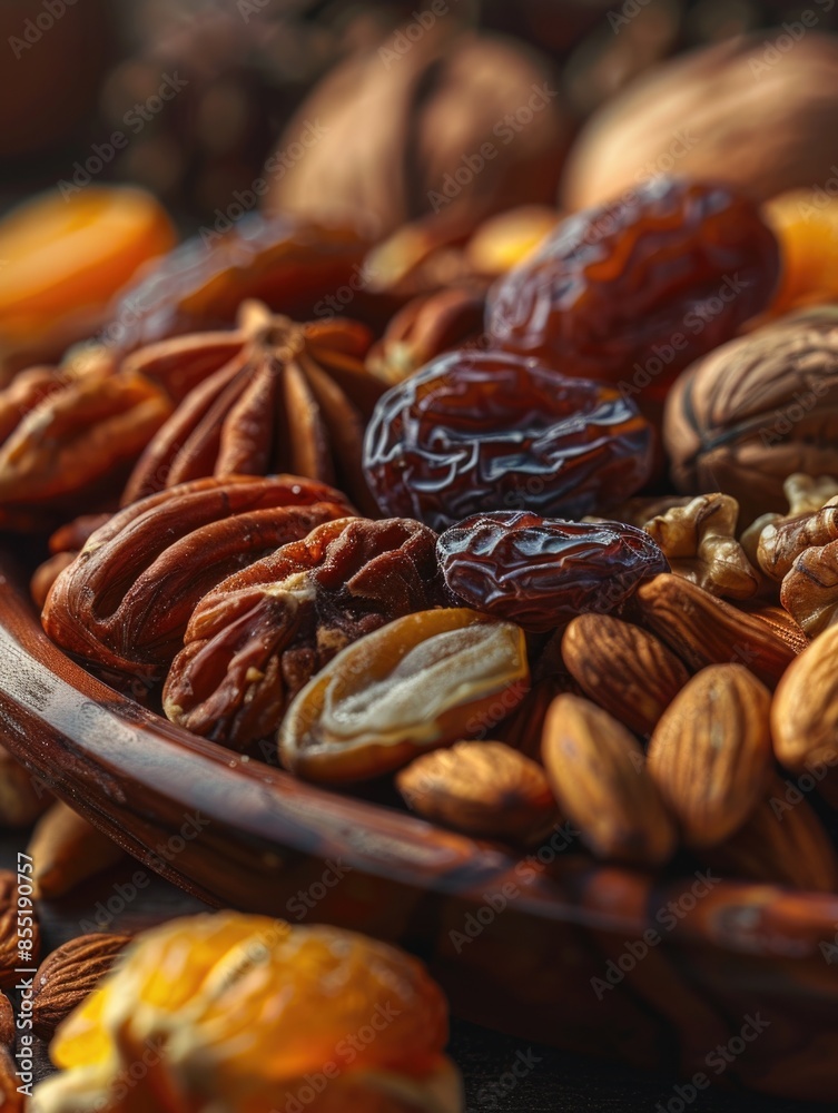 A wooden bowl filled with mixed nuts and oranges, ideal for snacking or as a decorative piece A wooden bowl filled with mixed nuts and oranges, ideal for snacking or as a decorative piece