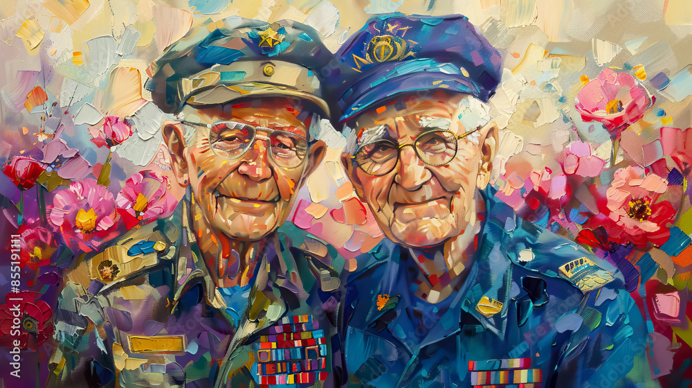 Fototapeta premium abstract art two war veterans smiling on flower background.