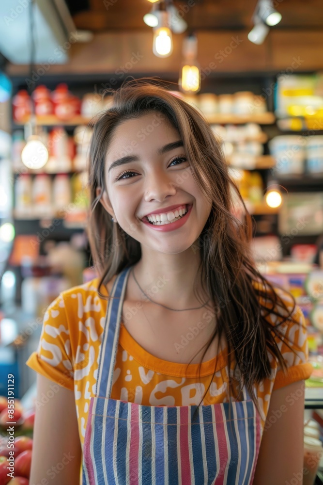 A woman in an apron stands in front of a colorful fruit stand, offering fresh produce A woman in an apron stands in front of a colorful fruit stand, offering fresh produce