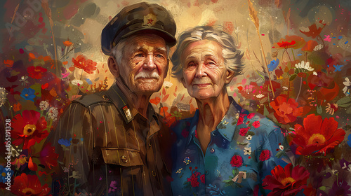 Elderly couple a military man and his wife.. Romantic relationship concept.