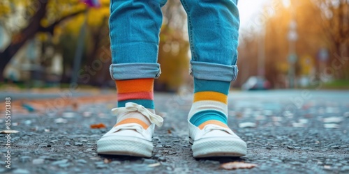 A person wearing vibrant socks and casual blue jeans, suitable for everyday use or fashion photography