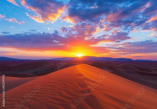 A breathtaking sunset over a vast desert with dramatic sand dunes © Lucianastudio