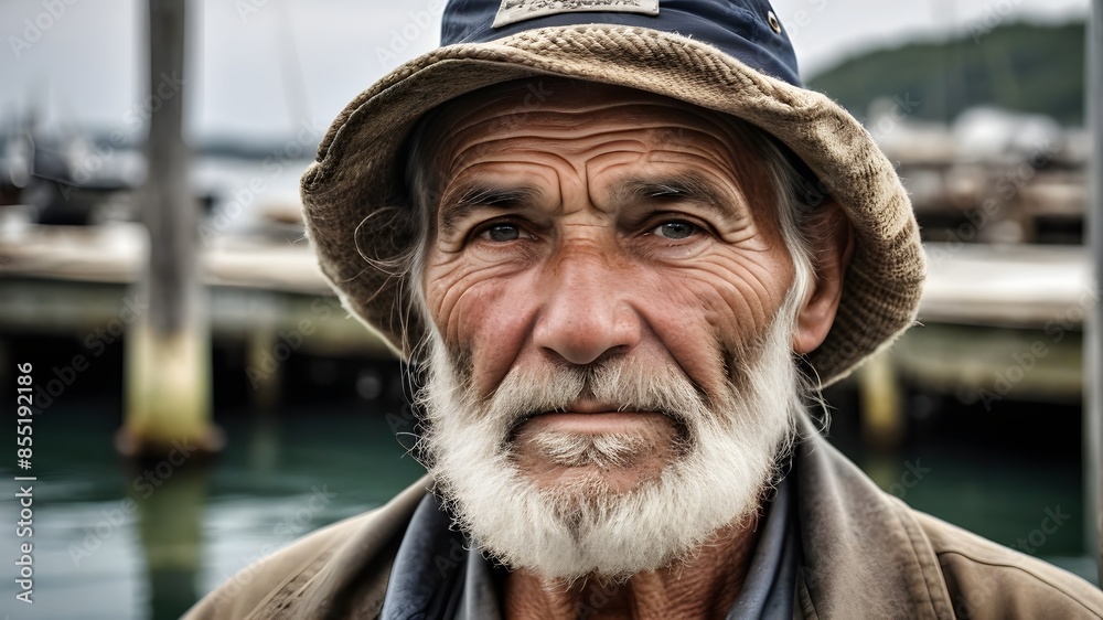 Elderly Man with a Rugged Face and White Beard Wearing a Hat, Pensive Expression by a Serene Lake. Fisherman Portrait Weathered Skin.