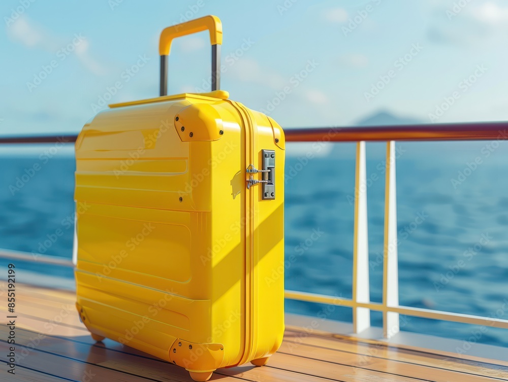Yellow plastic travel suitcase on the deck of luxury cruise ship in the ocean. Summer vacation and tourism concept. Yellow plastic travel suitcase on the deck of luxury cruise ship in the ocean. Summer vacation and tourism concept.