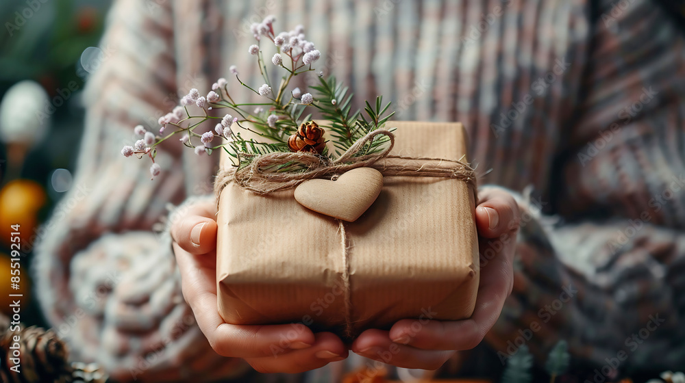 A woman hands holding a wrapped gift box with heart shape close up A woman hands holding a wrapped gift box with heart shape close up