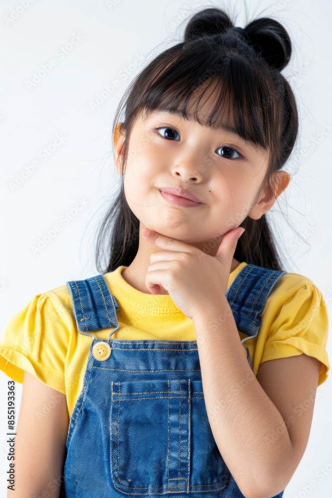 A young girl thoughtfully places her hand on her chin, lost in thought A young girl thoughtfully places her hand on her chin, lost in thought