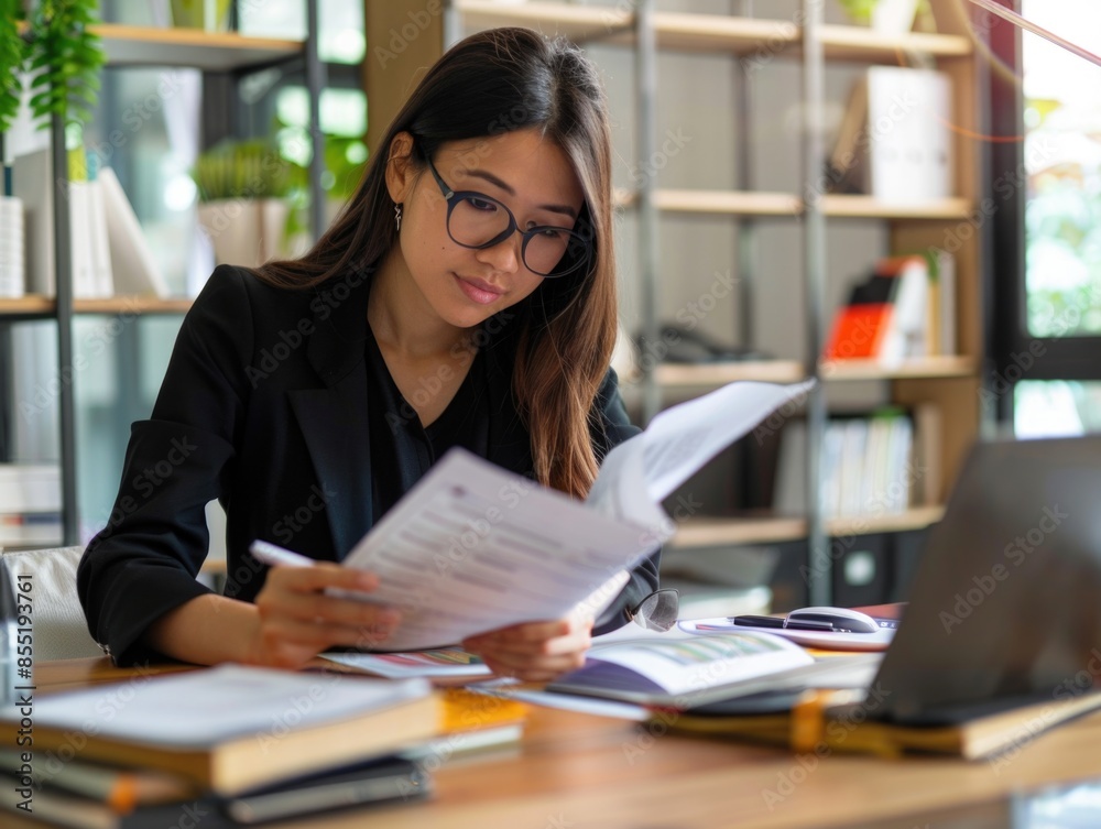 A woman sits at a table with a laptop and papers, likely working or studying A woman sits at a table with a laptop and papers, likely working or studying
