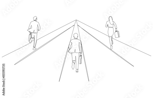 Continuous one line drawing of business people running from different paths into one unified path, joint business partners, working together concept, single line art.