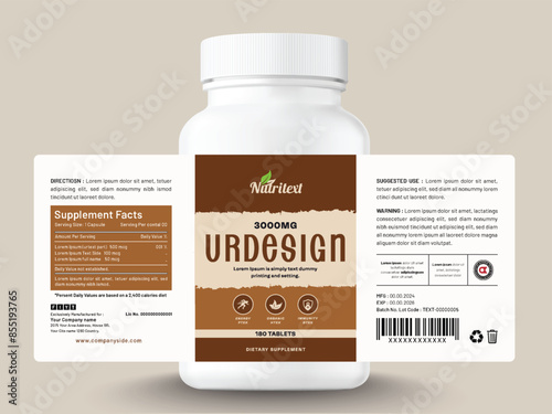 Food supplement vitamin medicine label sticker design dietary drug capsule and tablet modern bottle jar box packaging.