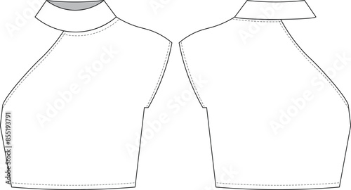 high neck turtleneck one shoulder short sleeve cap sleeve cropped crop blouse top t-shirt tee template technical drawing flat sketch cad mockup fashion woman design style model
