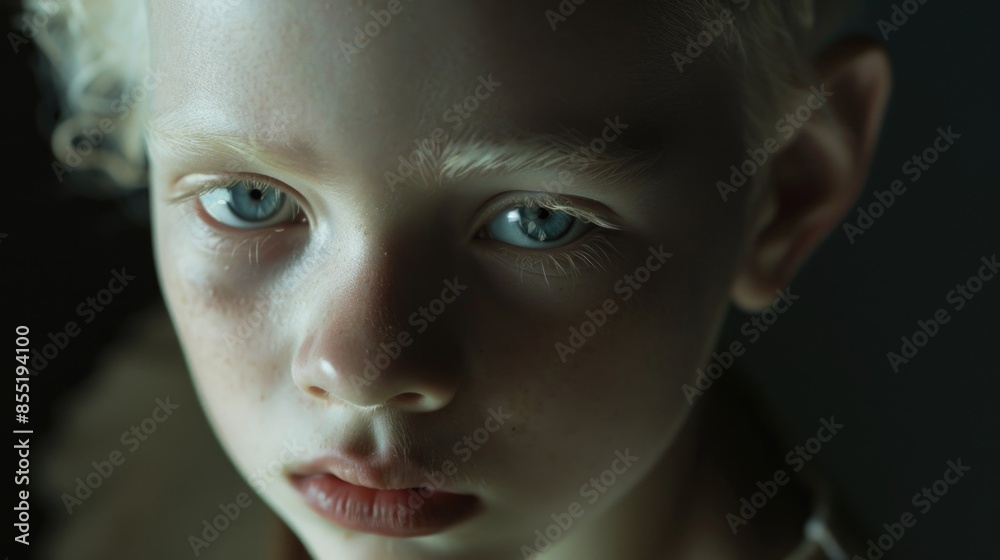 A young child's face in close-up, featuring bright blue eyes and a innocent expression A young child's face in close-up, featuring bright blue eyes and a innocent expression