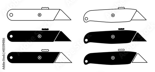 Work knives. Cartoon cutter knife. retractable blade or knife. Paper or cardboard cutter. Work, school tools. Retractable blades concept. Utility knife or jackknife.