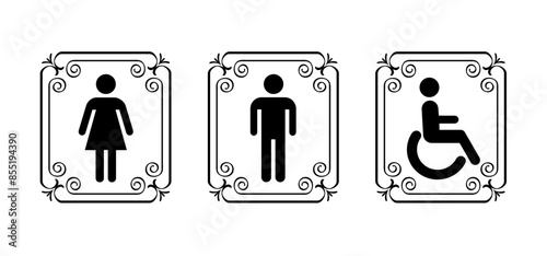 Stick figures or stickman and toilet logo. Restroom or bathroom human toilets. WC toilets icon or sign. Frame and tiles sign. Toilet for men, women and the disabled. gentleman icon.