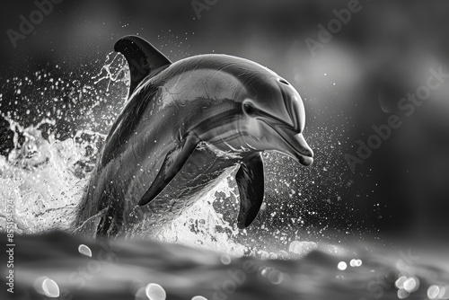 A black and white photo of a dolphin jumping out of the water