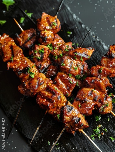 A close-up shot of skewered meat on a black plate, perfect for editorial or commercial use