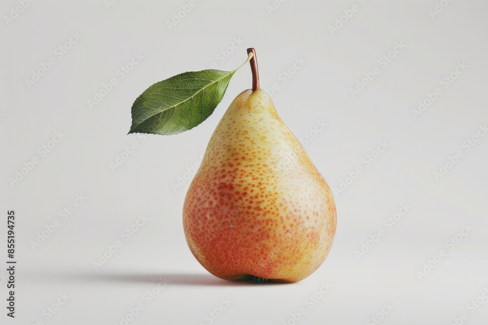 A ripe pear with a green leaf placed on a plain white surface A ripe pear with a green leaf placed on a plain white surface