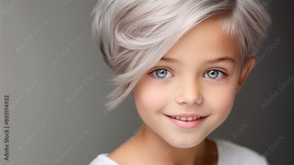 Portrait of a chic cute beautiful blonde child girl with short haircut and perfect skin, gray background, banner. Portrait of a chic cute beautiful blonde child girl with short haircut and perfect skin, gray background, banner.
