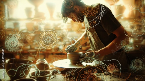 The photo shows a man making a ceramic pot on a pottery wheel. photo