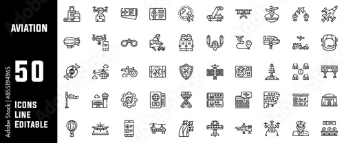 50 Aviation Icons Set Line Editable Vector Illustration