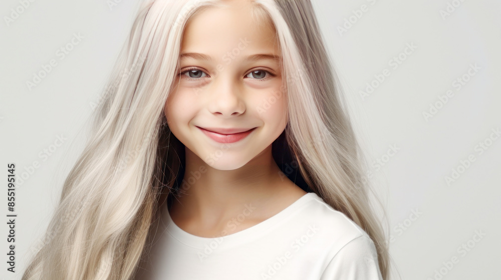 Portrait of a chic cute beautiful blonde child girl with long white hair and perfect skin, white background, banner. Portrait of a chic cute beautiful blonde child girl with long white hair and perfect skin, white background, banner.