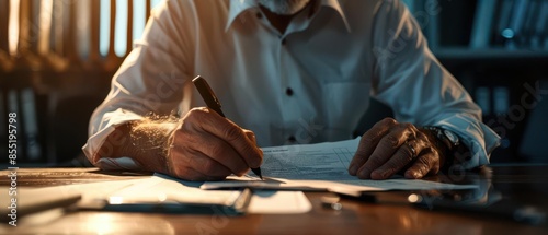 A business owner declaring bankruptcy, court documents on a desk, somber mood