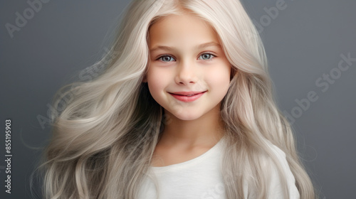 Portrait of a chic cute beautiful blonde child girl with long white hair and perfect skin, silver background, banner.