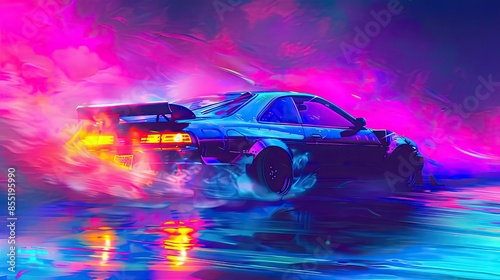 Obraz na płótnie Drifting Car in Neon Lights.