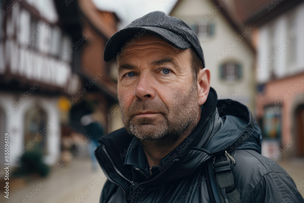 portrait of man with blurry background of german village portrait of man with blurry background of german village