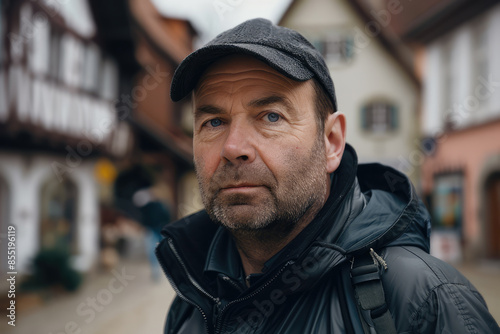 portrait of man with blurry background of german village