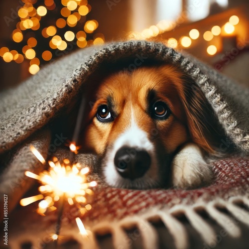 Very cute dog under blanket on bokeh lights background with sparklers.
