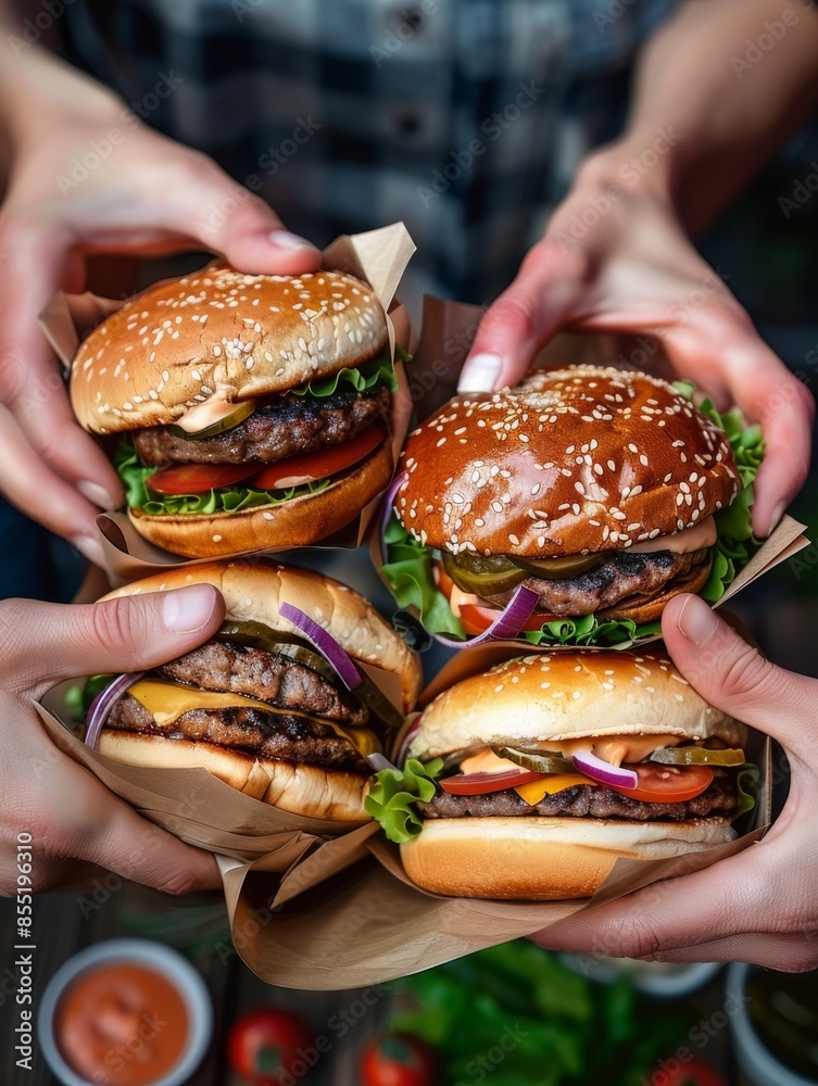 Four hands holding cheeseburgers with toppings and sesame seed buns. Close-up shot