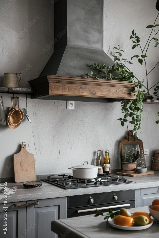 A kitchen scene featuring a stove top oven accompanied by a colorful arrangement of fresh fruit A kitchen scene featuring a stove top oven accompanied by a colorful arrangement of fresh fruit